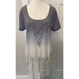 TORRID Womens Knit TOP Short Sleeves GRAY White Fringe Cow Skull Sz 00 (10)  NWT